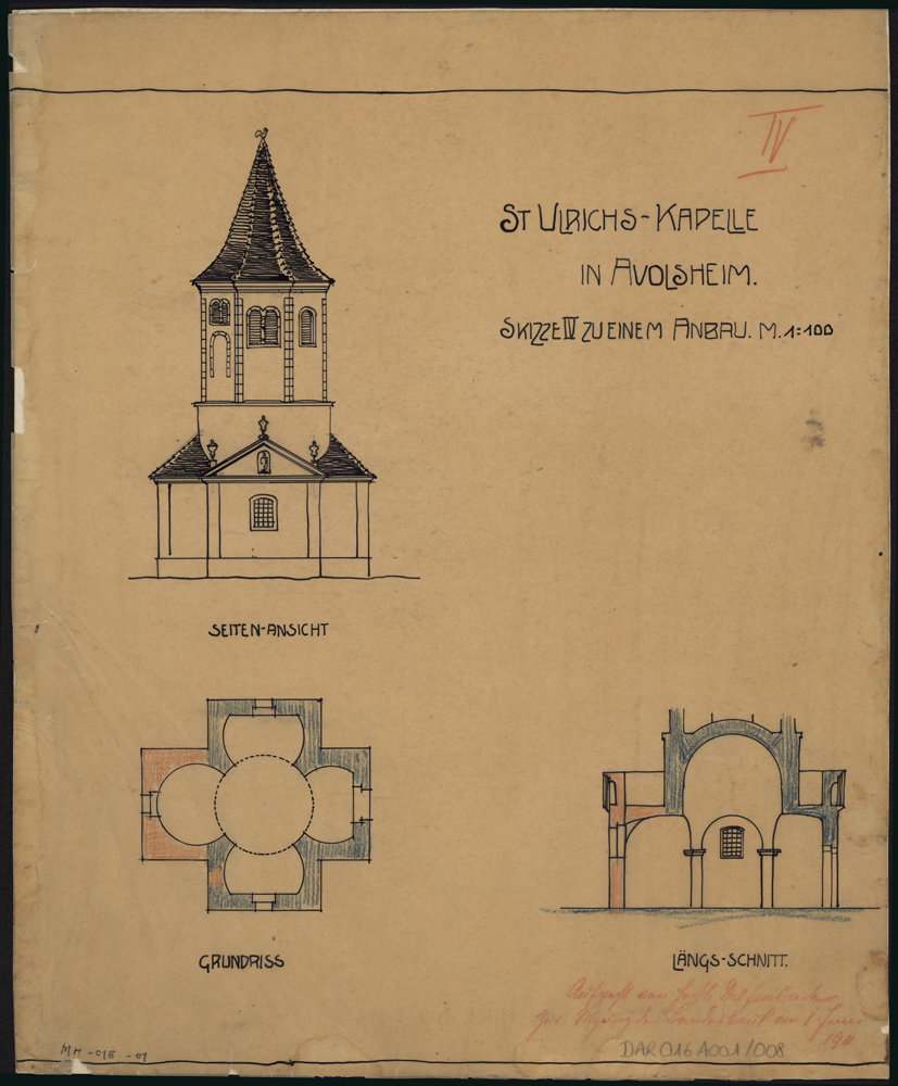 Projet d’extension de la nef, plan de masse, élévation de la façade nord et coupe longitudinale (variante 4).